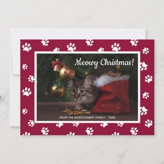 メリークリスマス! かわいい白い足跡 猫の写真 シーズンカード (正面)