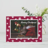 メリークリスマス! かわいい白い足跡 猫の写真 シーズンカード (スタンド正面)