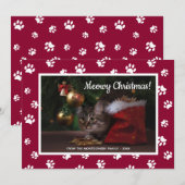 メリークリスマス! かわいい白い足跡 猫の写真 シーズンカード (正面/裏面)