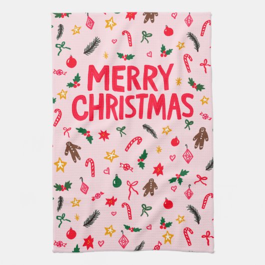 メリークリスマス かわいい落書きのホイムが効いた オーダー キッチンタオル (縦)
