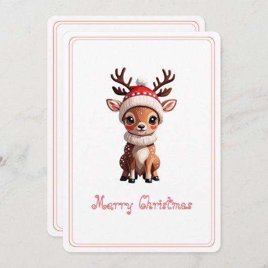 メリークリスマス、かわいい鹿、白いカバー シーズンカード (正面/裏面)