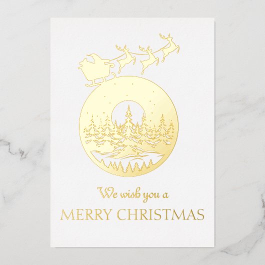 メリークリスマス かわいい オリジナル サンタのそりとツリー 箔招待状 (正面)