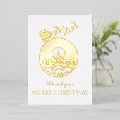 メリークリスマス かわいい オリジナル サンタのそりとツリー 箔招待状 (立ち正面)