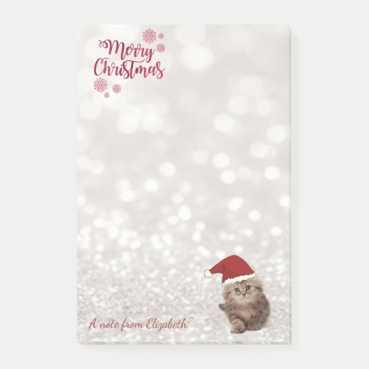 メリークリスマス、きらめくボケ、サンタ帽子の猫 ポストイット (正面)