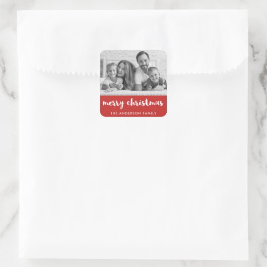 メリークリスマス |とモダン赤と白写真 スクエアシール (バッグ)