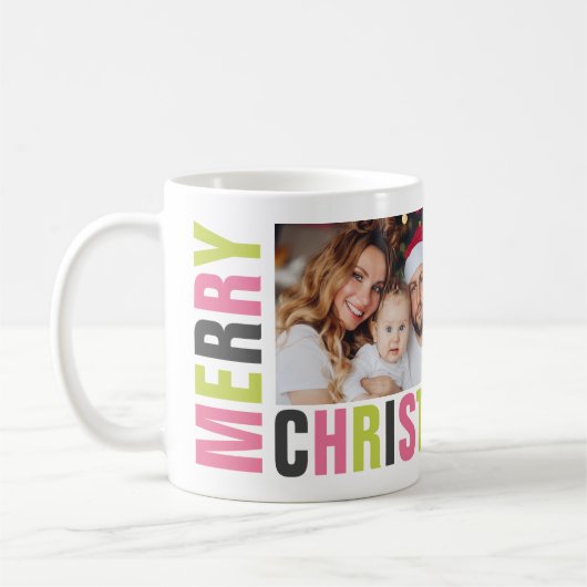 「メリークリスマス」のはっきりした手紙と写真の休日 コーヒーマグカップ (左)