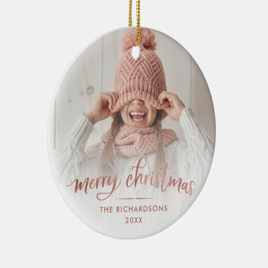 メリークリスマス|のばら色の金ゴールドのタイポグラフィ2の写真 セラミックオーナメント (右)