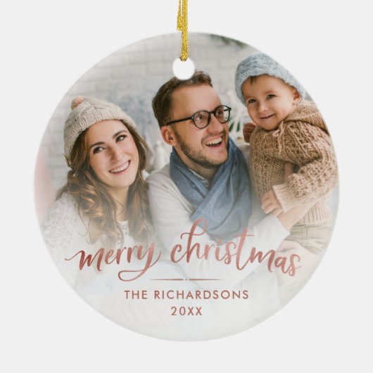 メリークリスマス|のばら色の金ゴールドのタイポグラフィ2の写真 セラミックオーナメント (裏面)