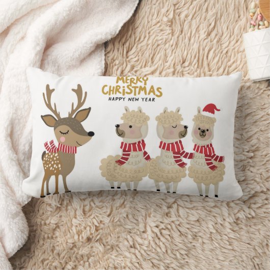メリークリスマス|のトナカイ及びアルパカ ランバークッション (ブランケット)