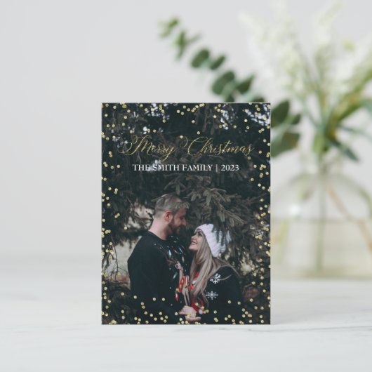 メリークリスマス|の金ゴールドの点の休日の写真の郵便はがき 案内ポストカード (スタンド正面)