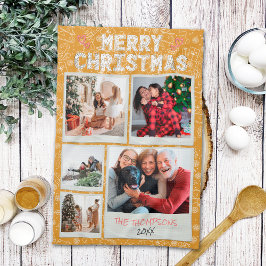 メリークリスマス イエロー落書き 5枚の写真 ファミリーギフト キッチンタオル