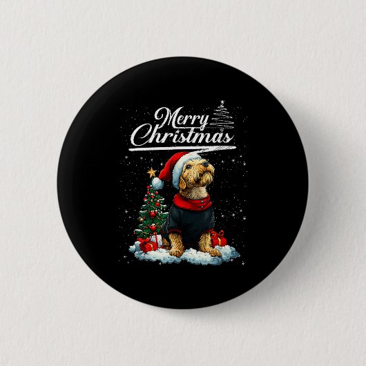 メリークリスマス エアデールテリア サンタ帽子 犬好き 缶バッジ (正面)