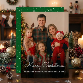 メリークリスマス エレガントホワイトスクリプト ファミリーフォト 箔シーズンカード