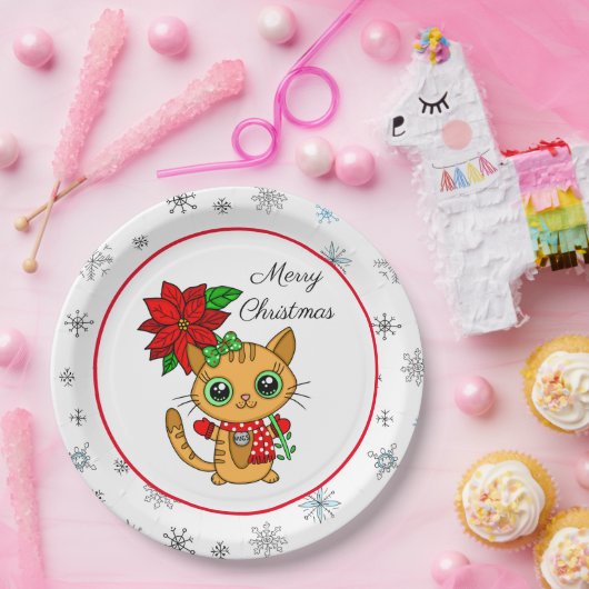 メリークリスマス |オレンジキャットとポインセチア ペーパープレート (パーティー)