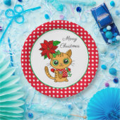 メリークリスマス |オレンジキャットとポインセチア ペーパープレート (パーティー)
