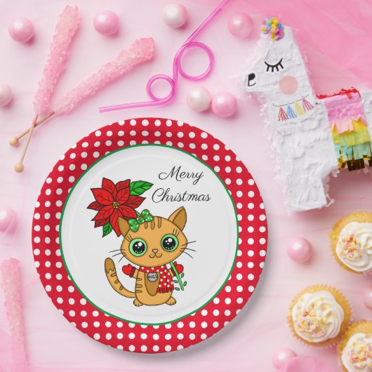メリークリスマス |オレンジキャットとポインセチア ペーパープレート (パーティー)