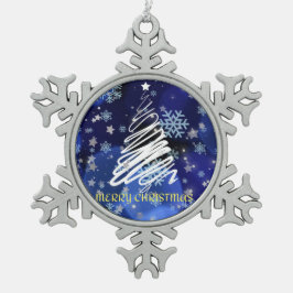 "メリークリスマス"オーナメントホワイトon Blue スノーフレークピューターオーナメント