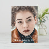 メリークリスマス、カスタム写真とヴィンテージ雪だるま シーズンカード (スタンド正面)