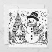メリークリスマス カラーリングカード | 雪だるまとウサギ シーズンカード (正面)