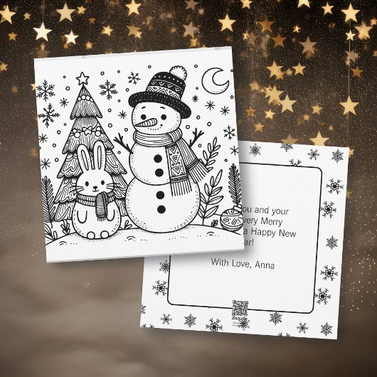 メリークリスマス カラーリングカード | 雪だるまとウサギ シーズンカード