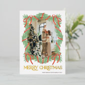 メリークリスマス ガーランド フレーム リボン 写真 ゴールド 箔招待状 (立ち正面)