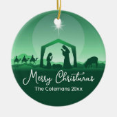 メリークリスマス キリスト降誕の場面 緑色 宗教的 セラミックオーナメント (正面)