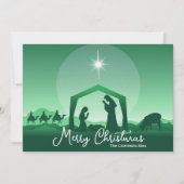 メリークリスマス キリスト降誕の情景 緑色の宗教的なデザイン シーズンカード (正面)