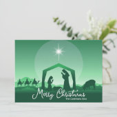 メリークリスマス キリスト降誕の情景 緑色の宗教的なデザイン シーズンカード (スタンド正面)