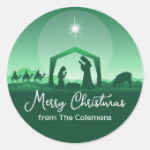 メリークリスマス キリスト降誕の情景 緑色 宗教的 ラウンドシール (正面)