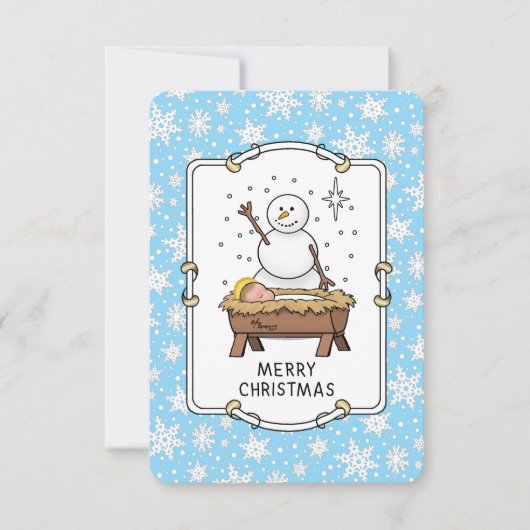 メリークリスマス+キリスト降誕+赤ちゃんイエス+雪だるま サンキューカード (正面)