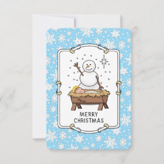 メリークリスマス+キリスト降誕+赤ちゃんイエス+雪だるま サンキューカード