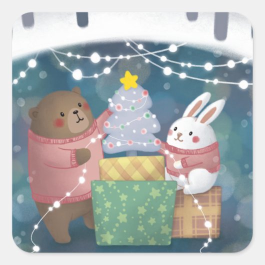 メリークリスマス:クマとバニー スクエアシール (正面)