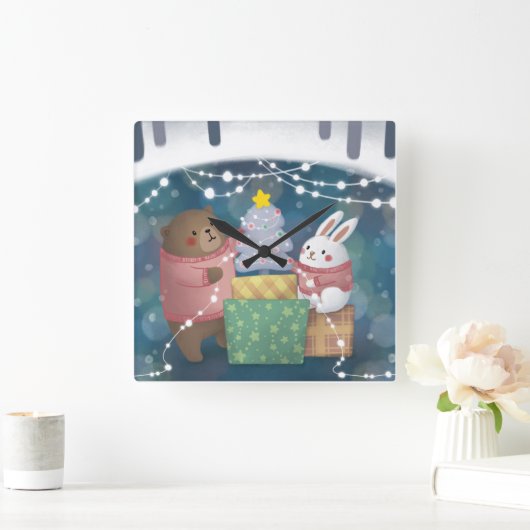 メリークリスマス:クマとバニー スクエア壁時計 (ホーム)