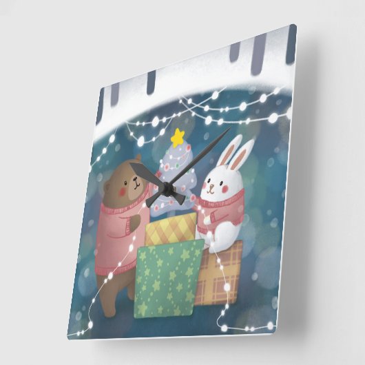 メリークリスマス:クマとバニー スクエア壁時計 (傾斜)