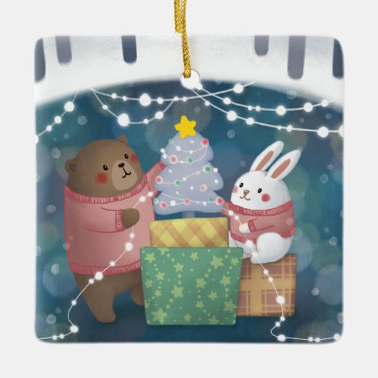 メリークリスマス:クマとバニー セラミックオーナメント (正面)