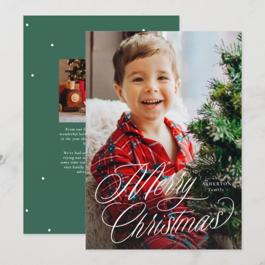 「メリークリスマス」クラシックスクリプトツー写真グリーン シーズンカード (正面/裏面)