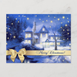 メリークリスマス。クリスマスの雪の村の絵 ポストカード