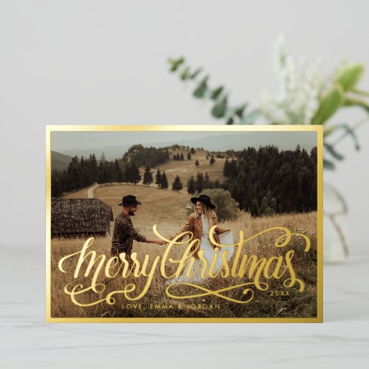 メリークリスマス |クリスマスエレガントの休日の写真 箔シーズンカード (立ち正面)