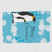 メリークリスマス、クリスマス、ペンギン、花、青 ゴルフタオル (横)
