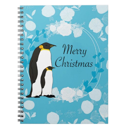メリークリスマス、クリスマス、ペンギン、花、青 ノートブック (正面)