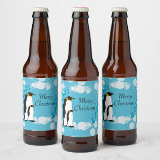 メリークリスマス、クリスマス、ペンギン、花、青 ビールラベル