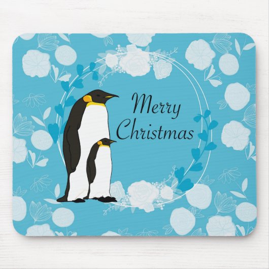 メリークリスマス、クリスマス、ペンギン、花、青 マウスパッド (正面)