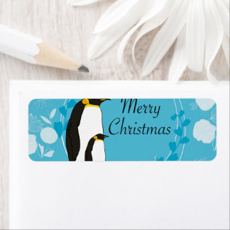 メリークリスマス、クリスマス、ペンギン、花、青 ラベル