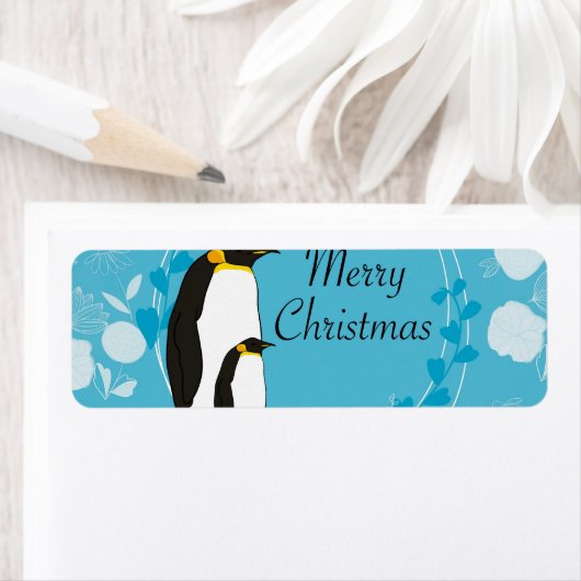 メリークリスマス、クリスマス、ペンギン、花、青 ラベル (インサイチュ)