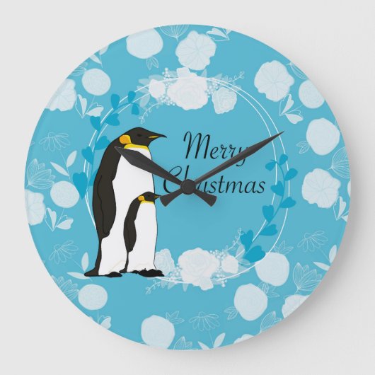 メリークリスマス、クリスマス、ペンギン、花、青 ラージ壁時計 (正面)