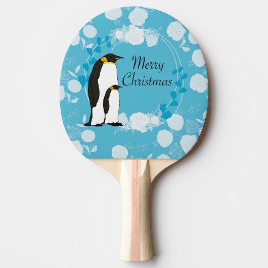 メリークリスマス、クリスマス、ペンギン、花、青 卓球ラケット (正面)