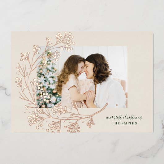 メリークリスマス | グリーン&クリームフォトバラ金ゴールド 箔シーズンカード (正面)