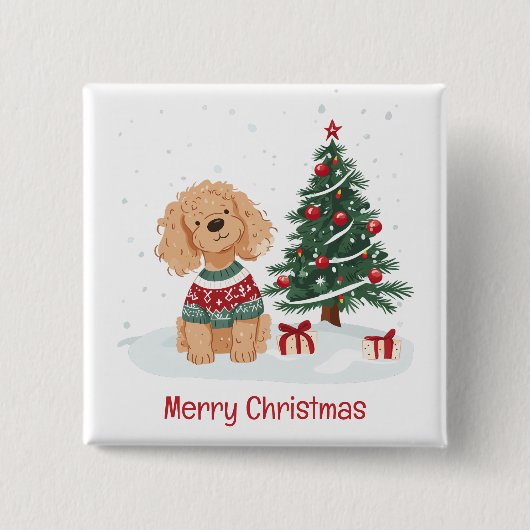 メリークリスマス ゴールデンドゥードル 犬 缶バッジ (正面)