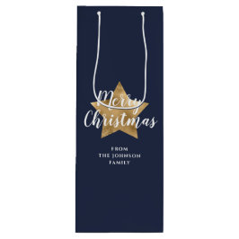 メリークリスマス ゴールドスター ネイビーブルー ワインギフトバッグ