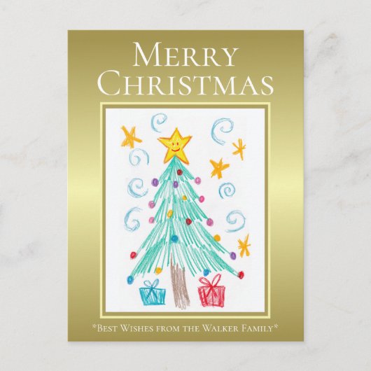 メリークリスマス。ゴールド。お子様の作品。家族 シーズンポストカード (正面)